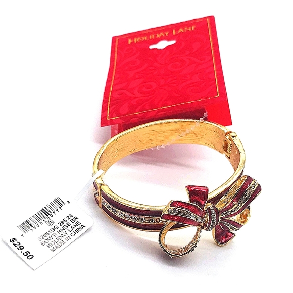 50% off! MACY'S Holiday Lane Pave Red Gold Bow Cubic Zirconia CZ Bangle Bracelet - Picture 2 of 4